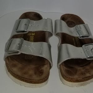 BIRKENSTOCK SILVER TWO STRAP SANDALS/WHITE SOLES